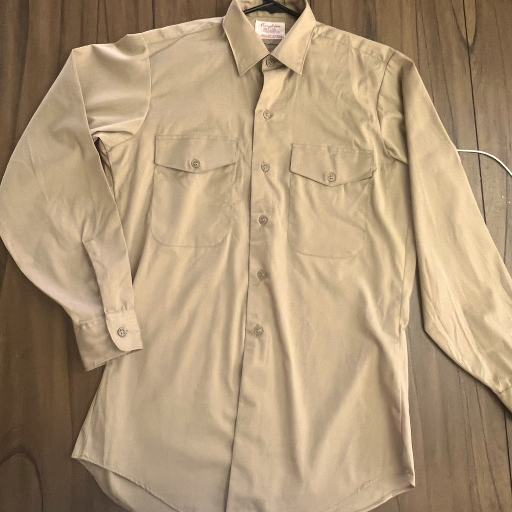 Vintage military long sleeve uniform shirt by Creighton. Tan